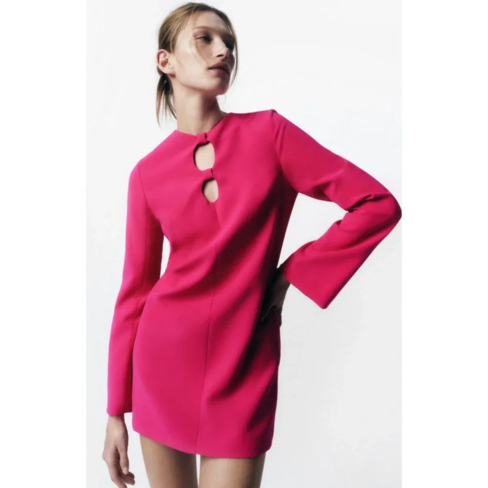 Hot Pink Zara Front Cutout Flare Sleeve Round Neck Mini Dress (NWT) - Picture 11 of 11